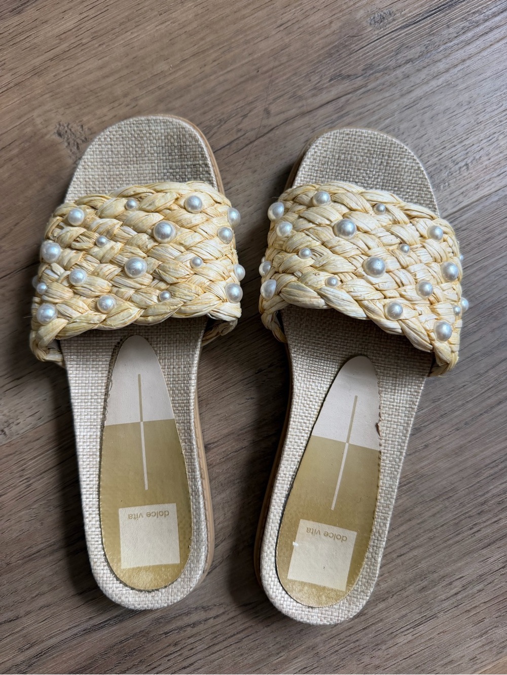Dolce Vita Pearl-Accented Braided Slide Sandals in Natural Beige